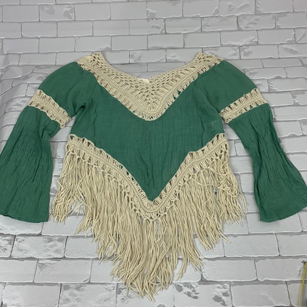LLove USA fringe Boho top. Green & Creme Knit design with fringe V neck